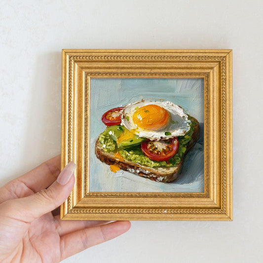 Mini Avocado Toast Oil Painting: Golden Framed Kitchen Decor