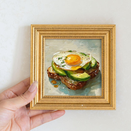 Mini Avocado Toast Oil Painting: Golden Framed Kitchen Decor