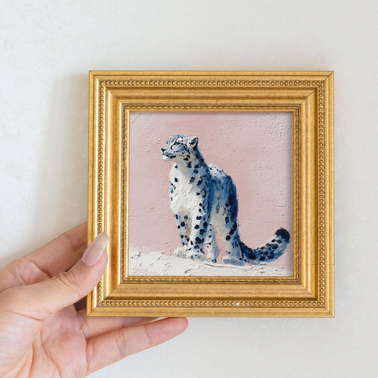 Mini Snow Leopard Oil Painting: Golden Beaded Frame, Hand-Painted Animal Portrait