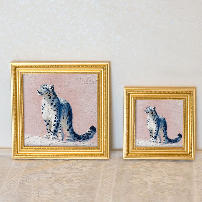 Mini Snow Leopard Oil Painting: Golden Beaded Frame, Hand-Painted Animal Portrait