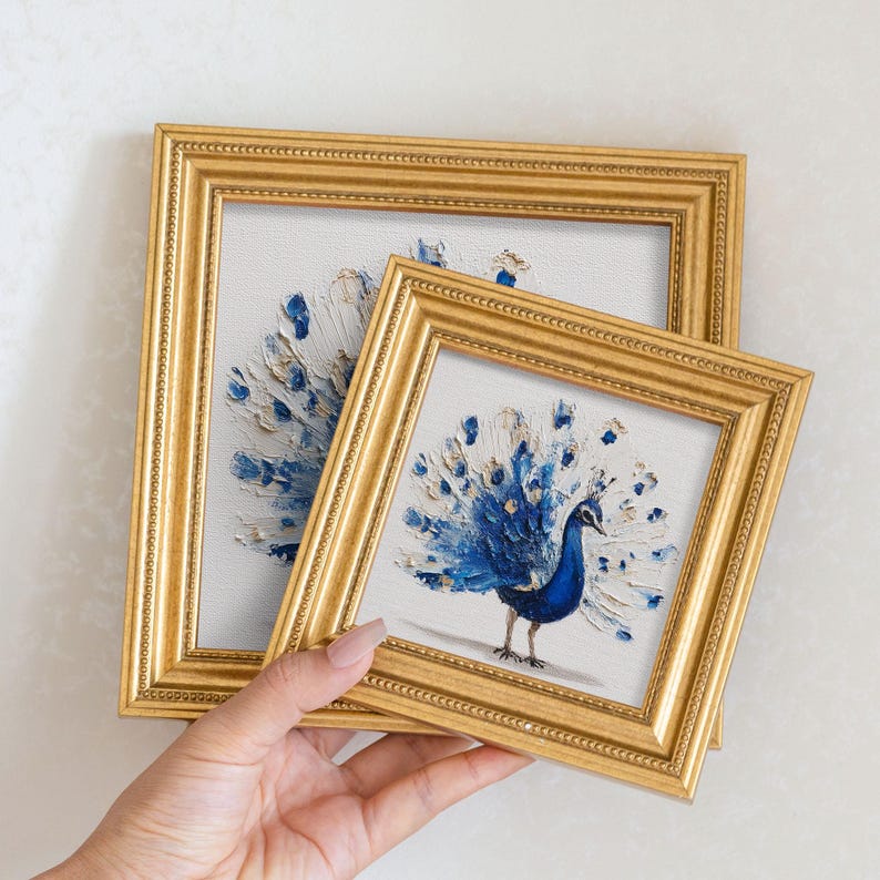 Mini Peacock Oil Painting: Vibrant Bird Portrait in Golden Beaded Frame