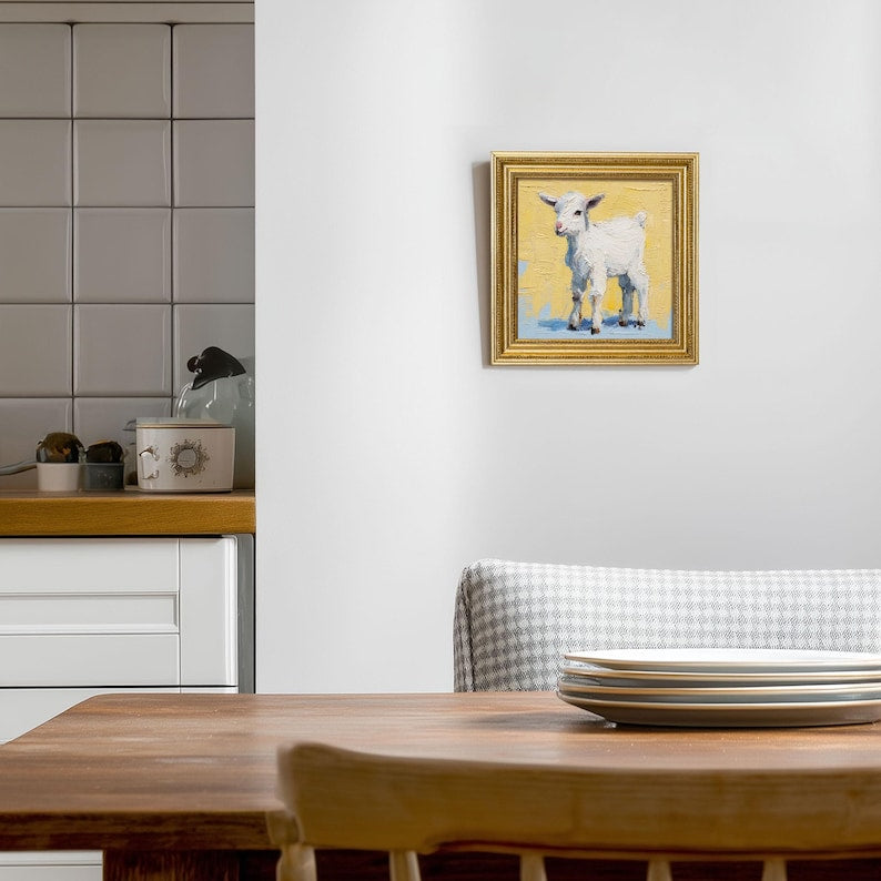 Mini Goat Oil Painting: Golden Frame Farmhouse Wall Art
