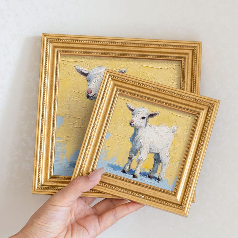 Mini Goat Oil Painting: Golden Frame Farmhouse Wall Art