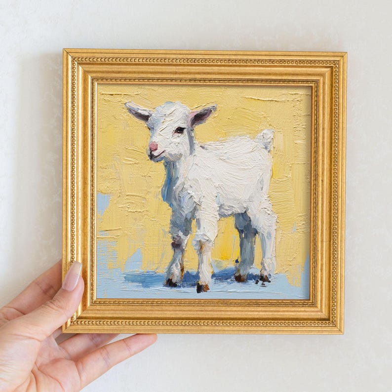 Mini Goat Oil Painting: Golden Frame Farmhouse Wall Art