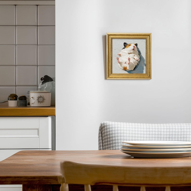 Mini Hamster Oil Painting in Golden Frame: Adorable Pet Portrait