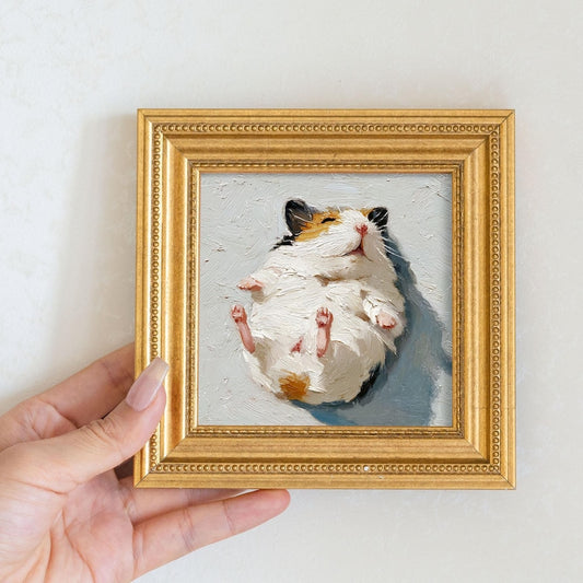 Mini Hamster Oil Painting in Golden Frame: Adorable Pet Portrait