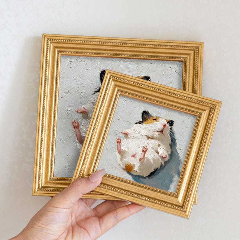 Mini Hamster Oil Painting in Golden Frame: Adorable Pet Portrait