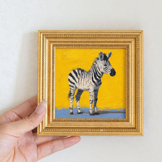 Mini Zebra Oil Painting: Hand-Painted Wildlife Art in Gold Frame