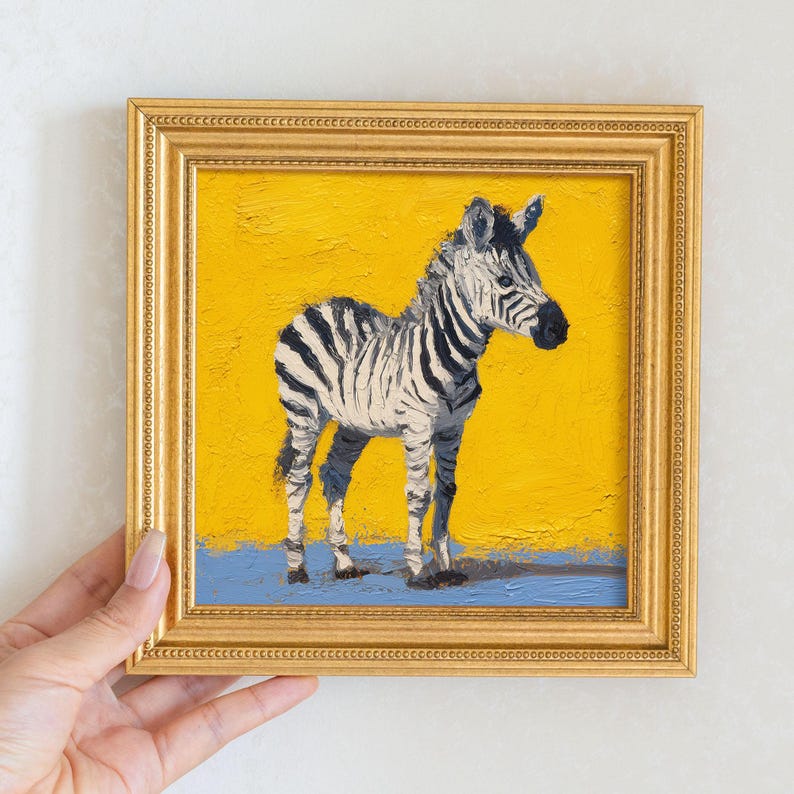Mini Zebra Oil Painting: Hand-Painted Wildlife Art in Gold Frame