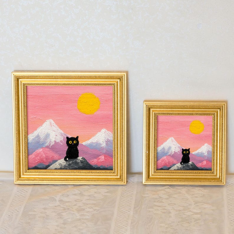 Mini Black Cat Oil Painting: Mystical Kitty Portrait in Golden Frame