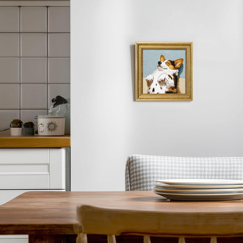 Mini Corgi Oil Painting: Golden Beaded Frame, Hand-Painted Puppy Portrait