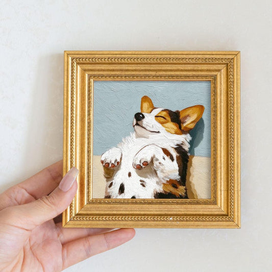 Mini Corgi Oil Painting: Golden Beaded Frame, Hand-Painted Puppy Portrait