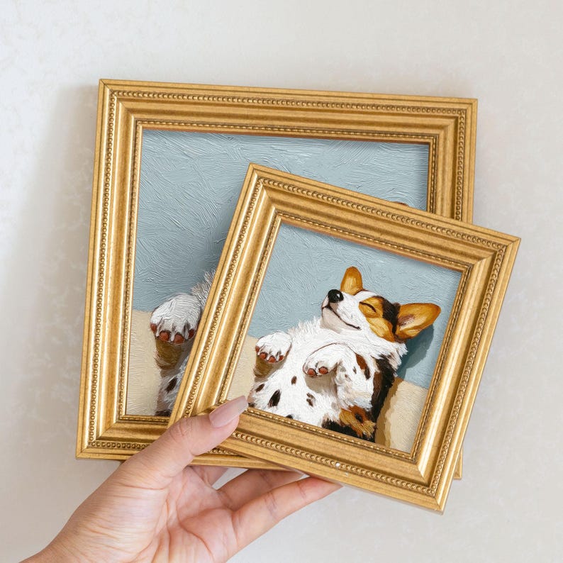 Mini Corgi Oil Painting: Golden Beaded Frame, Hand-Painted Puppy Portrait