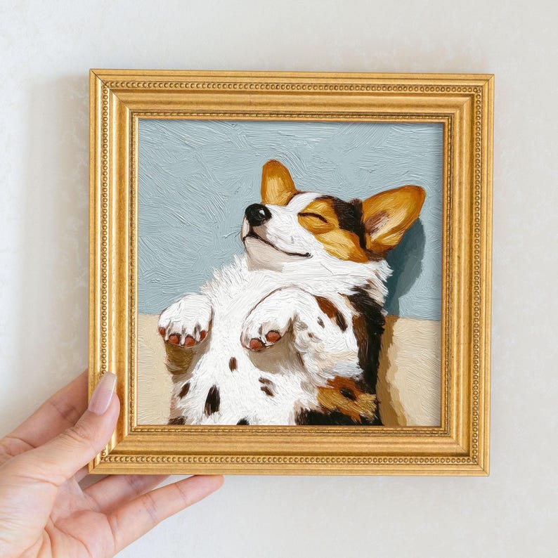 Mini Corgi Oil Painting: Golden Beaded Frame, Hand-Painted Puppy Portrait