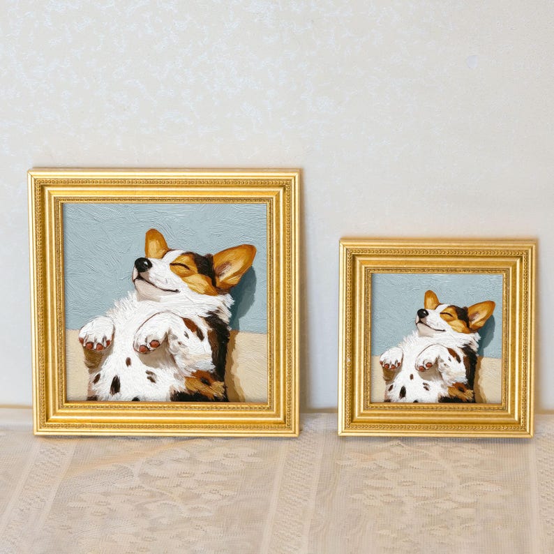 Mini Corgi Oil Painting: Golden Beaded Frame, Hand-Painted Puppy Portrait