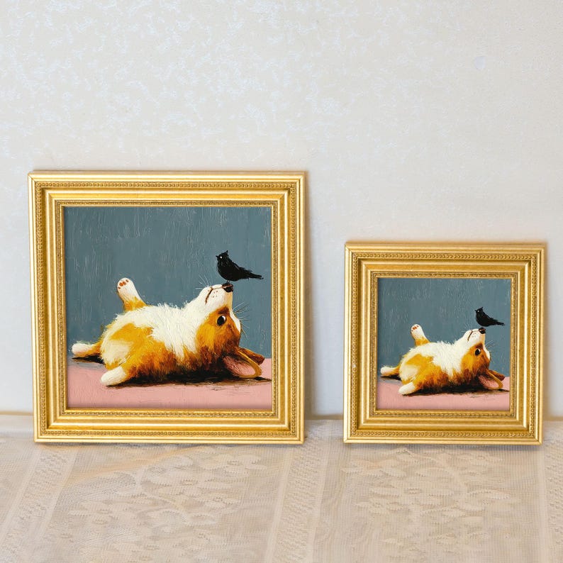 Mini Corgi Oil Painting: Playful Puppy Portrait in Golden Frame