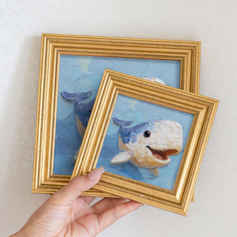 Mini Whale Oil Painting: Golden Beaded Frame, Ocean Animal Wall Art