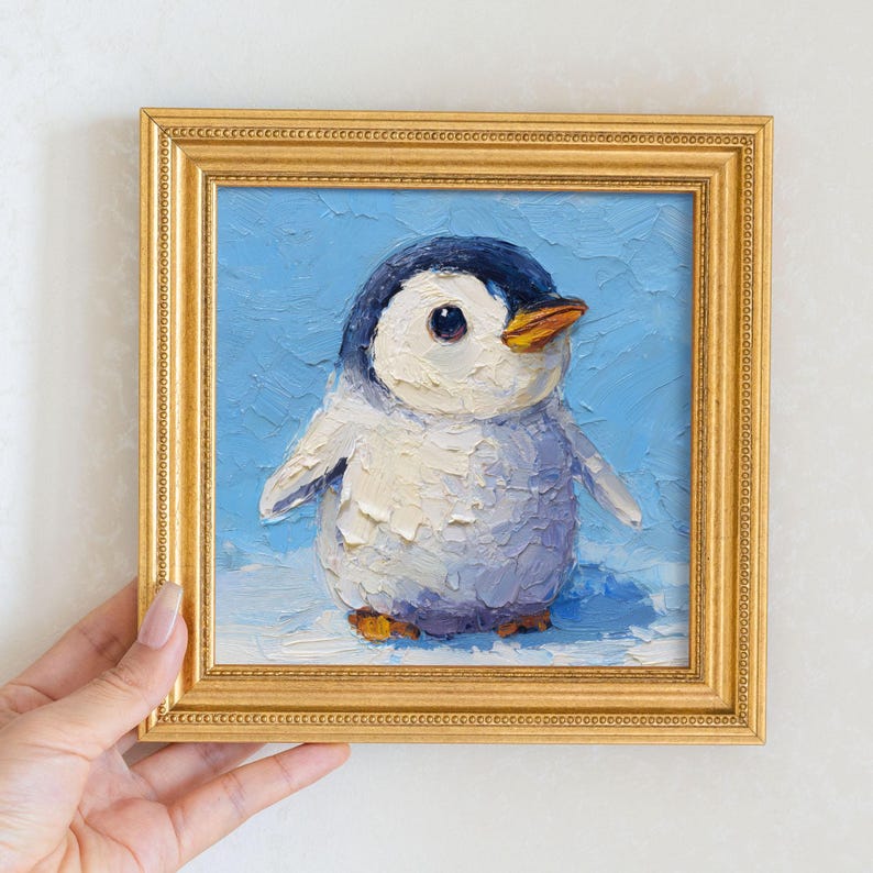 Mini Penguin Oil Painting: Hand-Painted Winter Art in Golden Frame