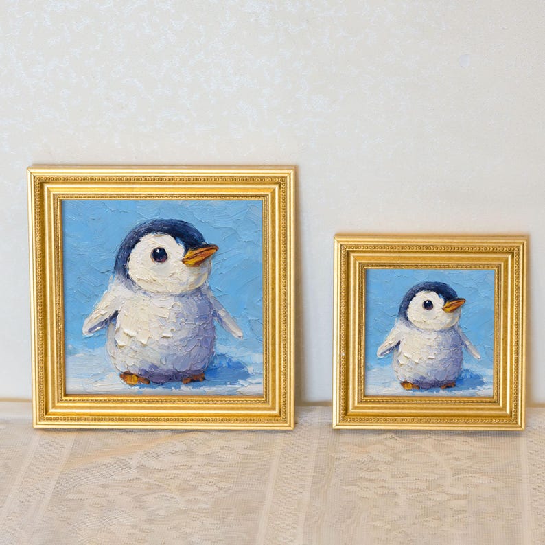 Mini Penguin Oil Painting: Hand-Painted Winter Art in Golden Frame