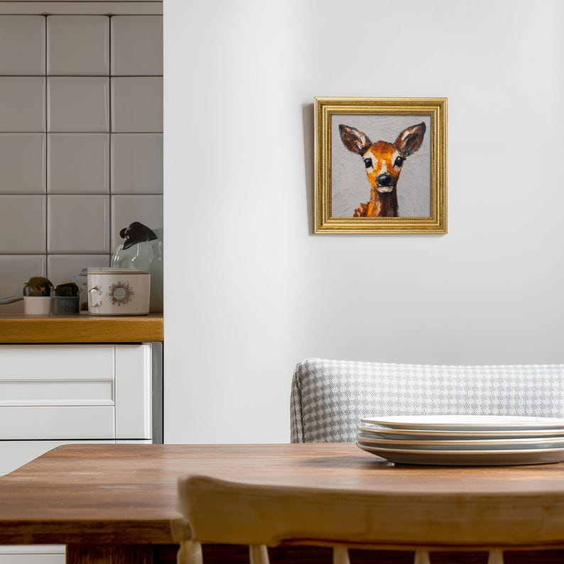 Mini Deer Oil Painting: Golden Beaded Frame, Hand-Painted Fawn Portrait