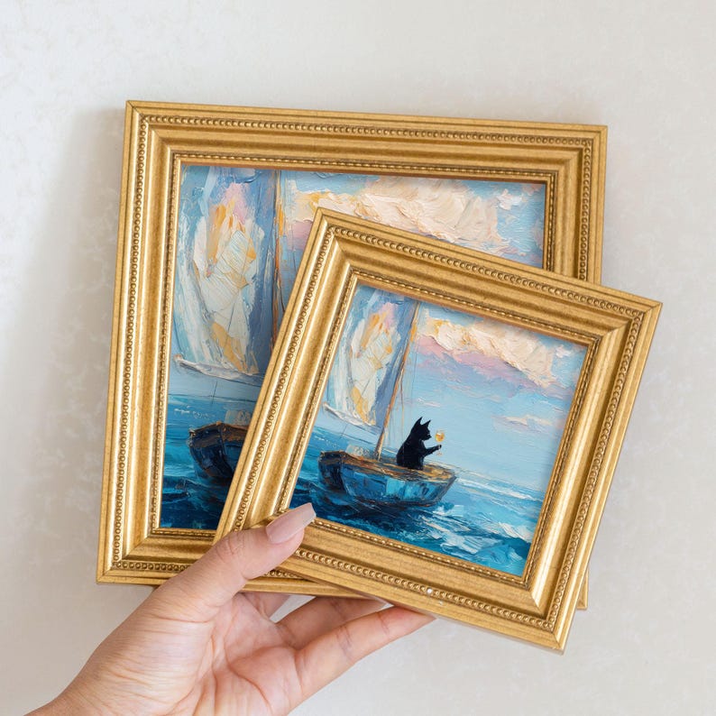Mini Drunk Cat Oil Painting in Golden Beaded Frame: Whimsical Living Room Decor