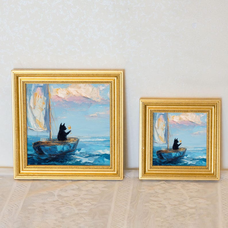 Mini Drunk Cat Oil Painting in Golden Beaded Frame: Whimsical Living Room Decor