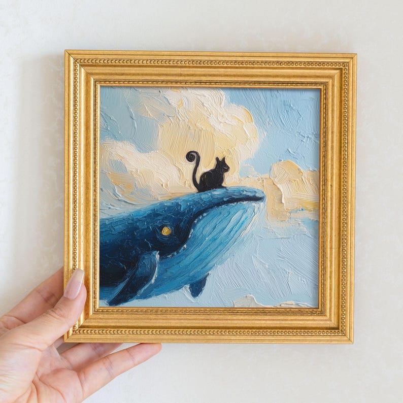 Mini Whale and Cat Oil Painting: Brave Kitty Portrait in Golden Frame