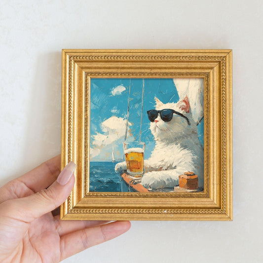 Mini Cool Kitty Oil Painting-Relaxed Cat Portrait In Golden Beaded Frame-Hand-Painted Living Room Decor-Gift For Cat Lover and Pet Lover