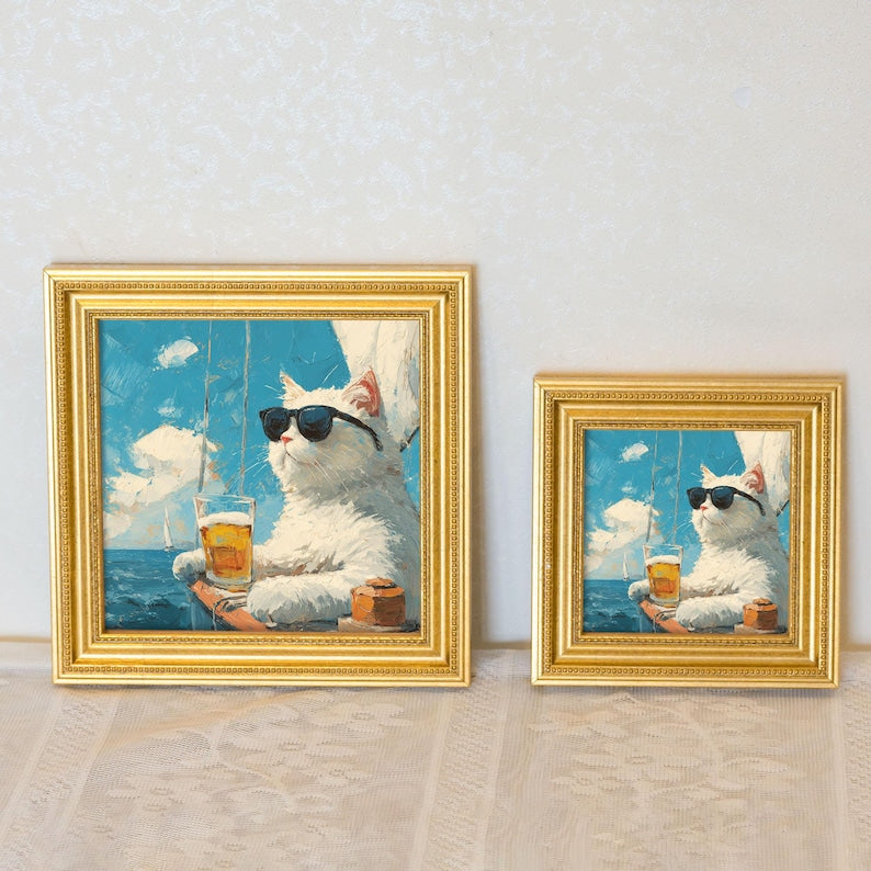 Mini Cool Kitty Oil Painting-Relaxed Cat Portrait In Golden Beaded Frame-Hand-Painted Living Room Decor-Gift For Cat Lover and Pet Lover