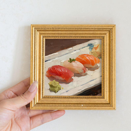 Mini Sushi Plate Oil Painting: Gourmet Kitchen Art, Gold Frame