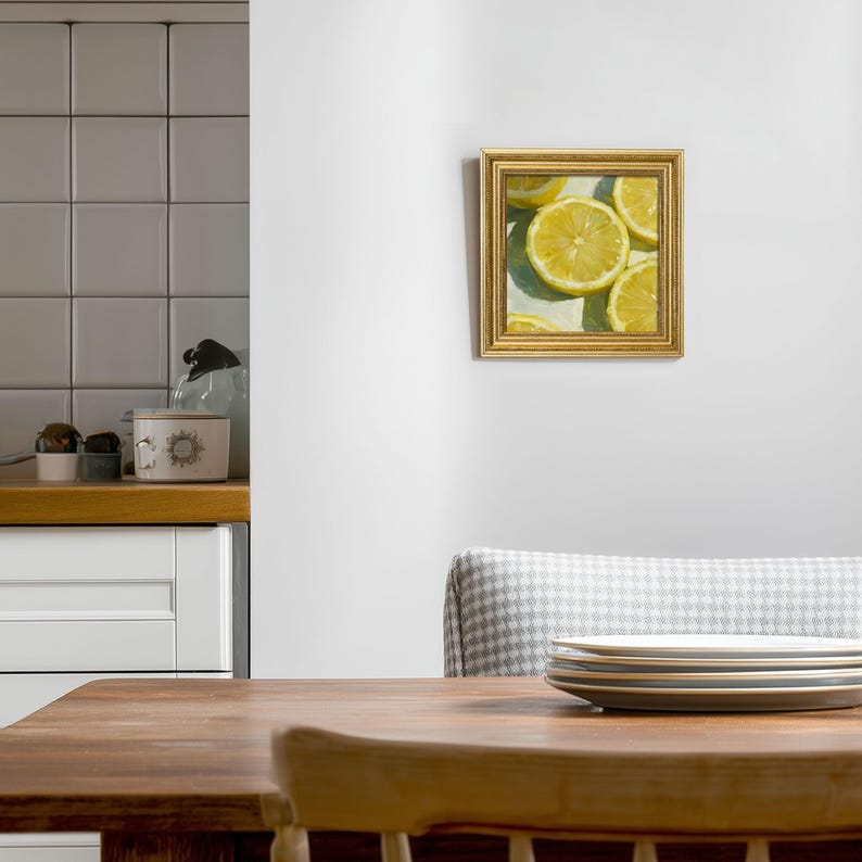 Mini Lemon Sliced Oil Painting-Still Life Fruit Artwork in Golden Beaded Frame-Hand-Painted Rustic Kitchen Wall Decor-Gift for Him or Her