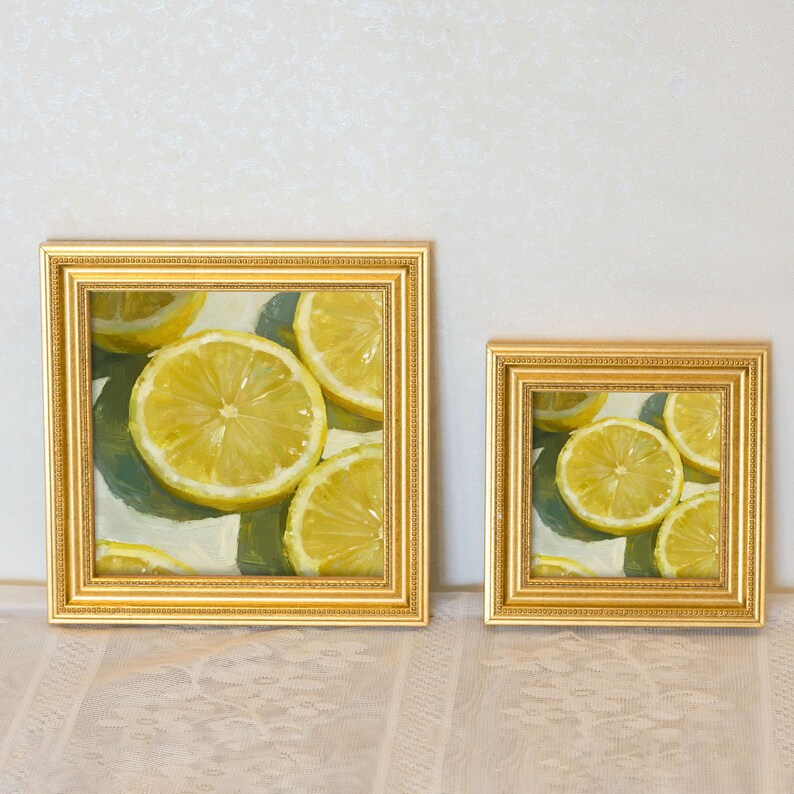 Mini Lemon Sliced Oil Painting-Still Life Fruit Artwork in Golden Beaded Frame-Hand-Painted Rustic Kitchen Wall Decor-Gift for Him or Her