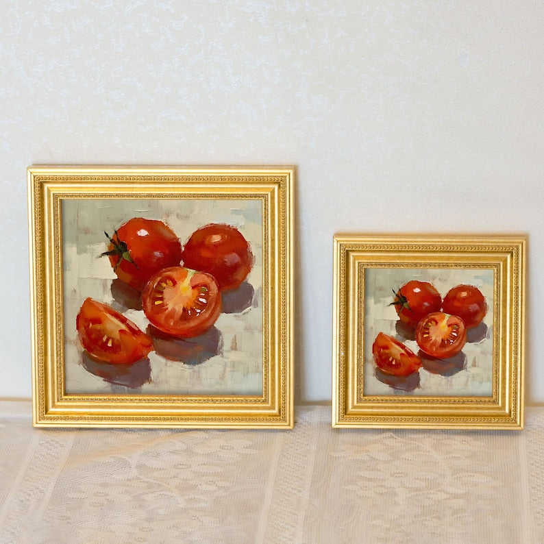 Mini Tomato Still Life Painting-Fresh Fruit Wall Art-Kitchen Decor-Handmade Oil Painting-Vegetable Artwork-Gift For Tomato Lover