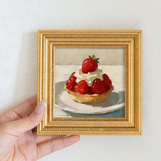 Mini Strawberry Tart Oil Painting-Still Life Dessert Wall Art-Original Painting-Kitchen and Living Room Wall Decor-Gift For Wall Art Lover