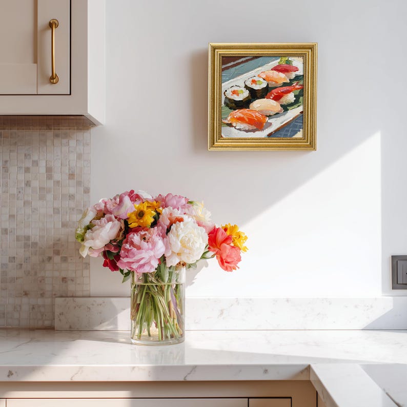 Mini Sushi Oil Painting: Japanese Food Still Life, Kitchen Wall Art