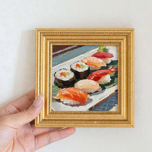 Mini Sushi Oil Painting: Japanese Food Still Life, Kitchen Wall Art