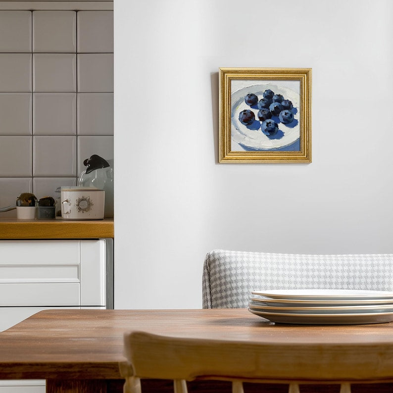 Still Life Blueberries Oil Painting: Dining Room Wall Art Decor, 5x5 Artwork Gift