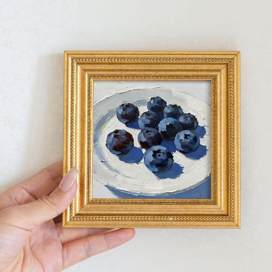 Still Life Blueberries Oil Painting: Dining Room Wall Art Decor, 5x5 Artwork Gift