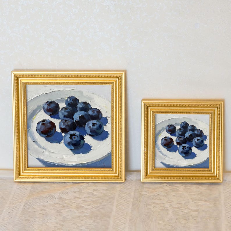 Still Life Blueberries Oil Painting: Dining Room Wall Art Decor, 5x5 Artwork Gift