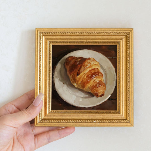 Still Life Croissant Oil Painting: Kitchen Wall Art Decor ,5x5 Canvas Artwork Gift