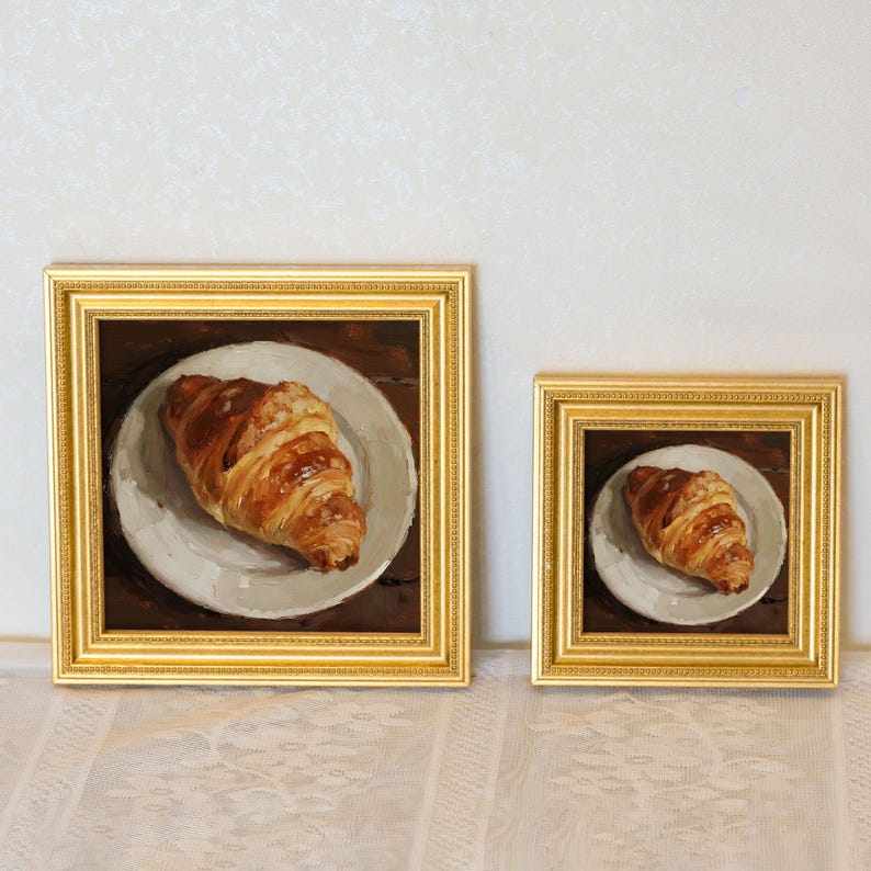 Still Life Croissant Oil Painting: Kitchen Wall Art Decor ,5x5 Canvas Artwork Gift