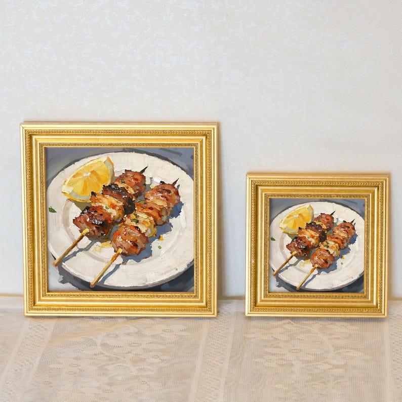 Still Life Skewers Oil Painting: Dining Room Wall Art Decor, 5x5 Canvas Artwork