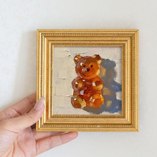 Still Life Honey Bear Oil Painting: Living Room Wall Art Decor, 5x5 Gift