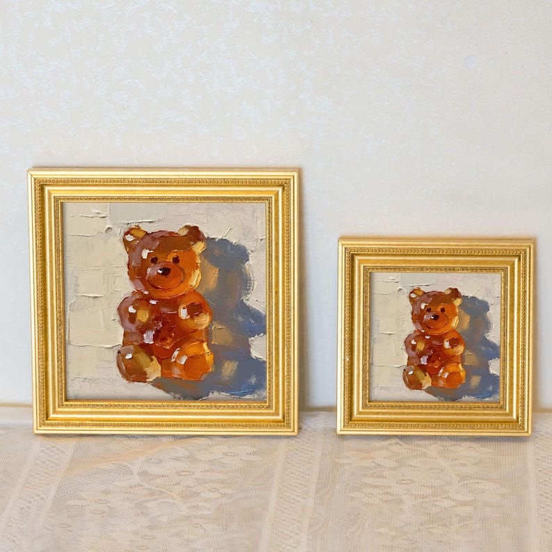 Still Life Honey Bear Oil Painting: Living Room Wall Art Decor, 5x5 Gift