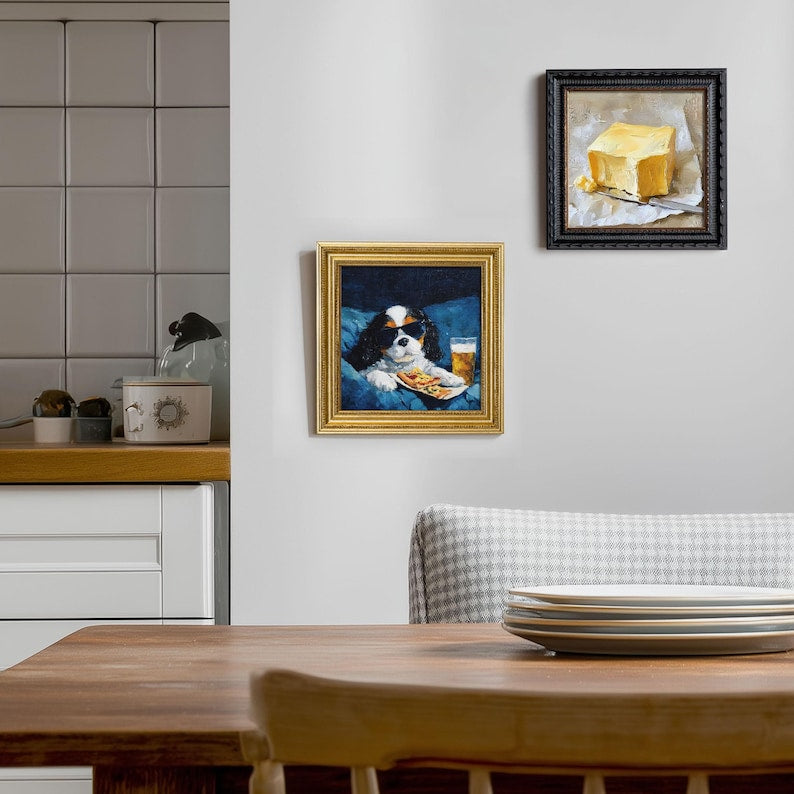Mini Cavalier Dog Oil Painting in Gold Frame: Hand-Painted Puppy Art