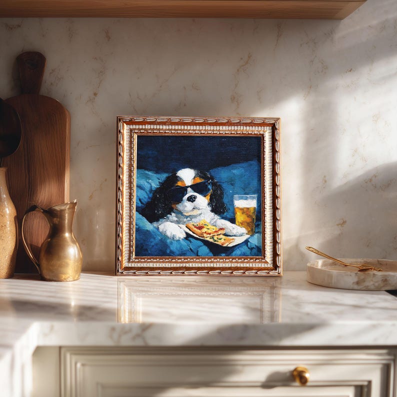 Mini Cavalier Dog Oil Painting in Gold Frame: Hand-Painted Puppy Art