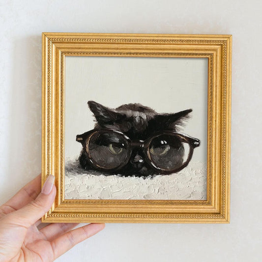 Hand-Painted Black Cat Oil Painting: Living Room Wall Art Decor, Kitty Portrait Gift