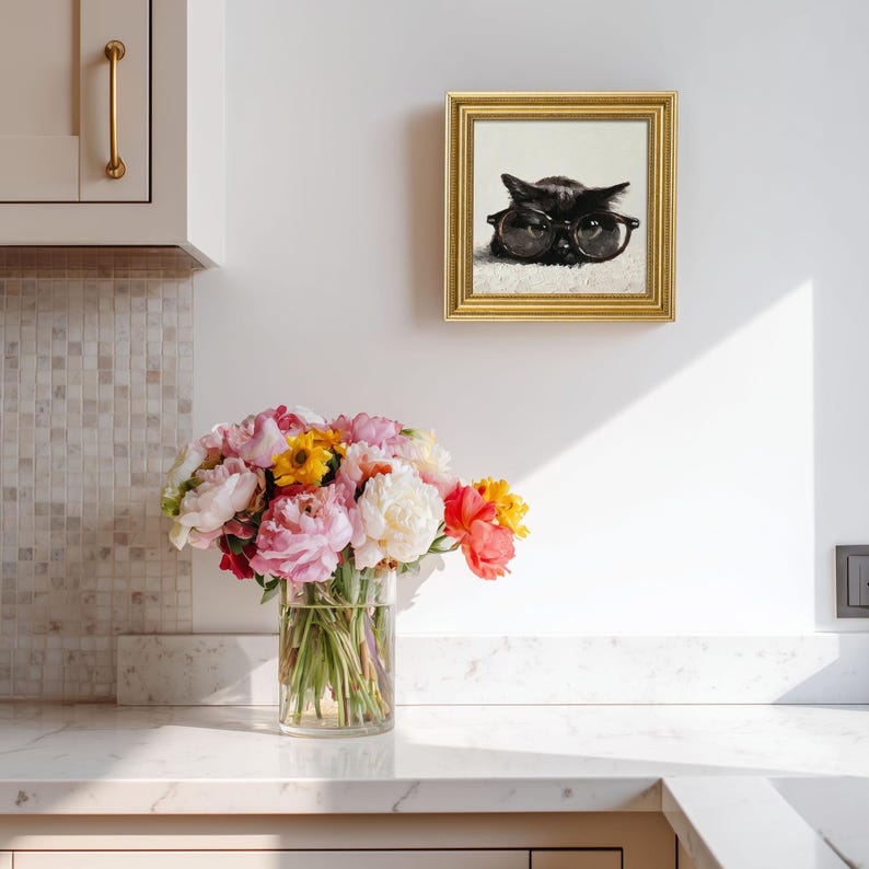 Hand-Painted Black Cat Oil Painting: Living Room Wall Art Decor, Kitty Portrait Gift