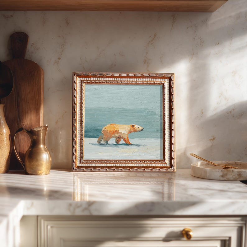 Hand-Painted Polar Bear Oil Painting: Living Room Wall Art Decor, 5X5 Housewarming Gift