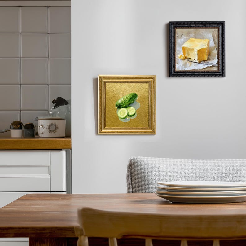 Still Life Cucumber Oil Painting: Kitchen Wall Art Decor, 5X5 Housewarming Gift